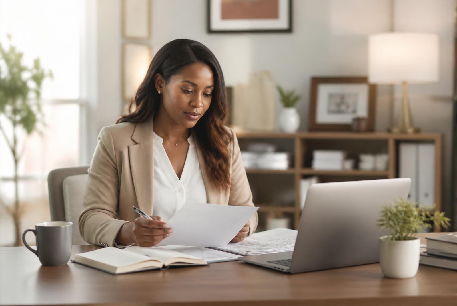 Professional woman reviewing billing documents at an organized desk with laptop